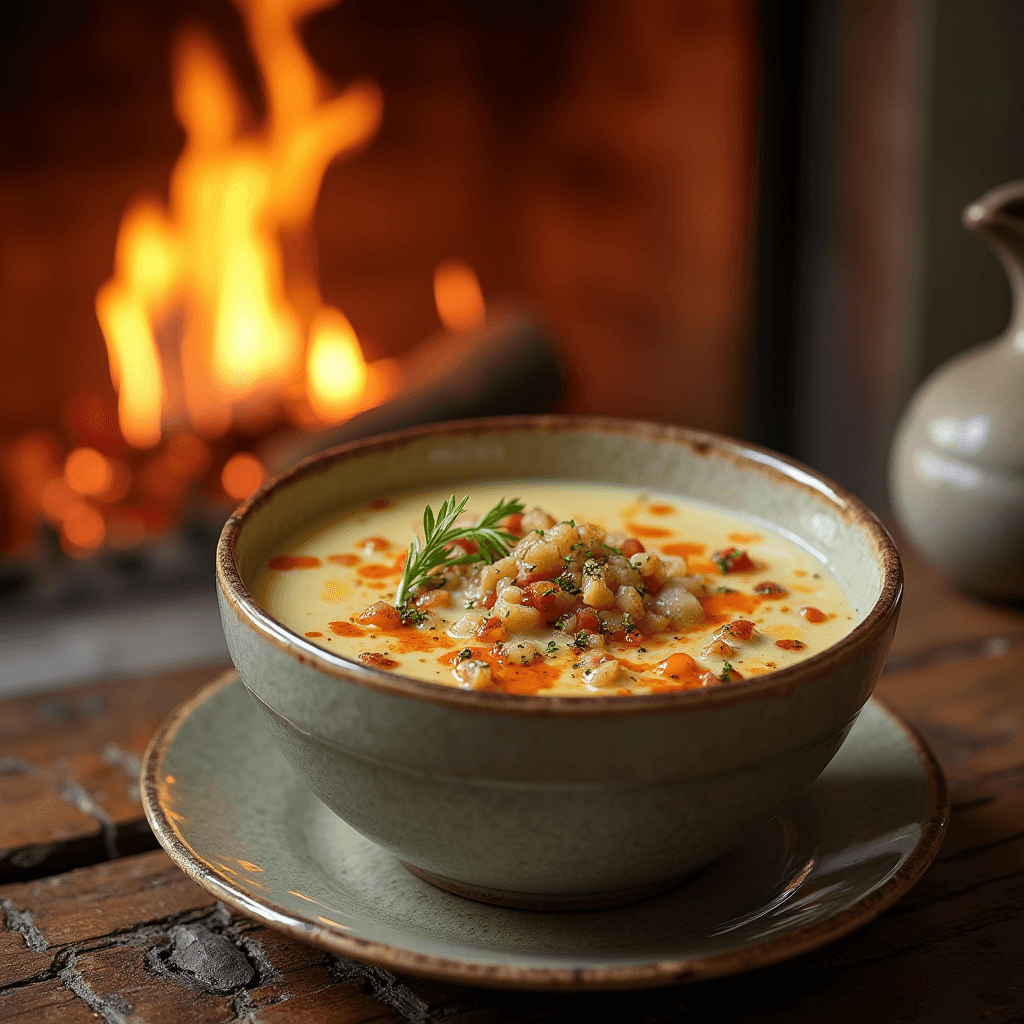 potato soup close to a fireplace emu0nc37fkv3e4m2oefr 0