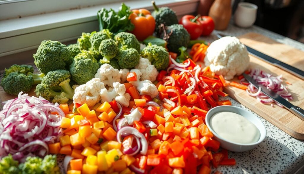 Broccoli cauliflower salad prep