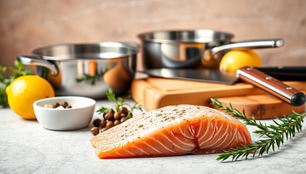 Salmon Piccata Ingredients and Tools